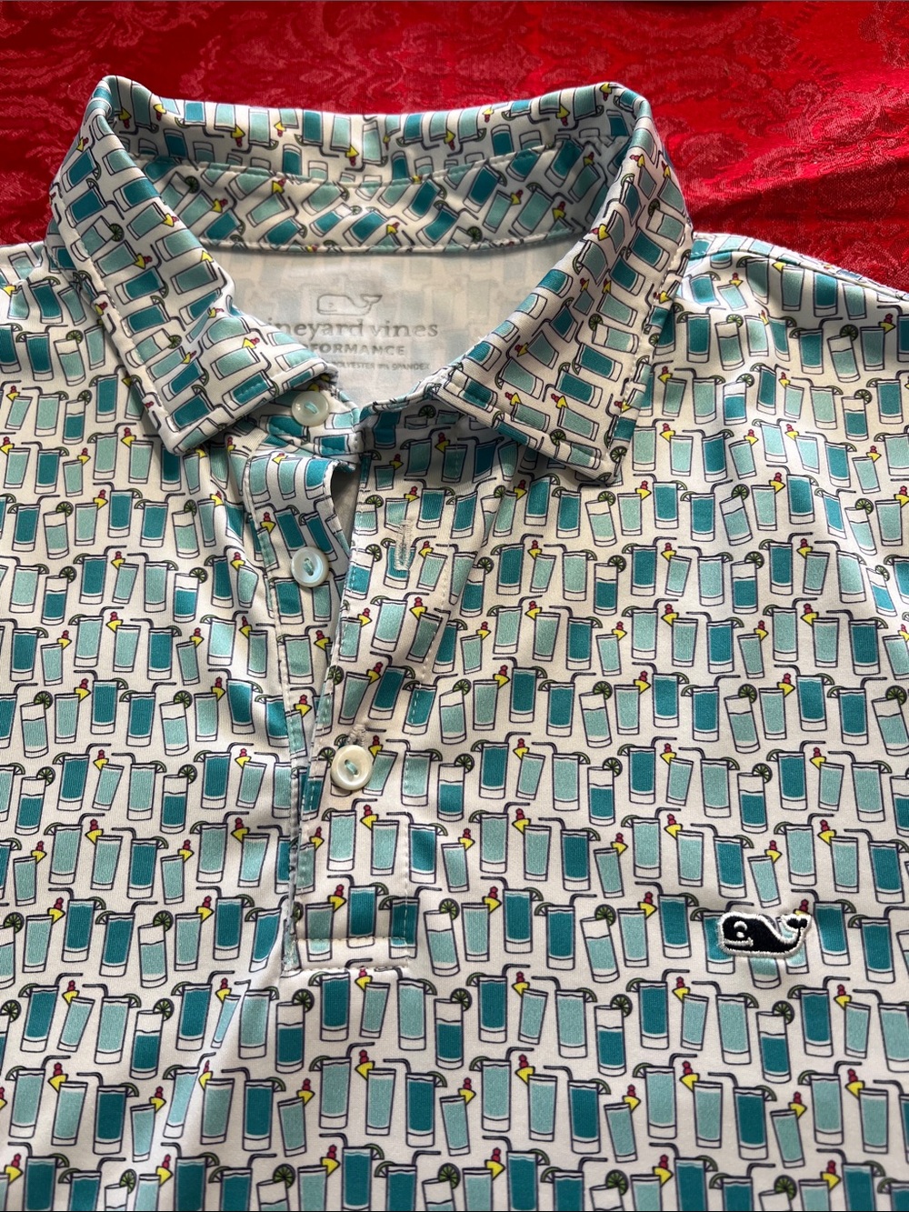 Vineyard Vines Geometric Print Performance Polo Shirt Men's Large Teal White